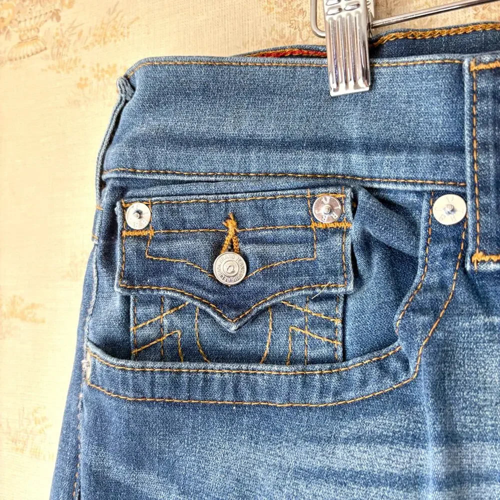 True Religion Skinny Flap Jeans Mens 40 Blue Horseshoe Single Needle Modern